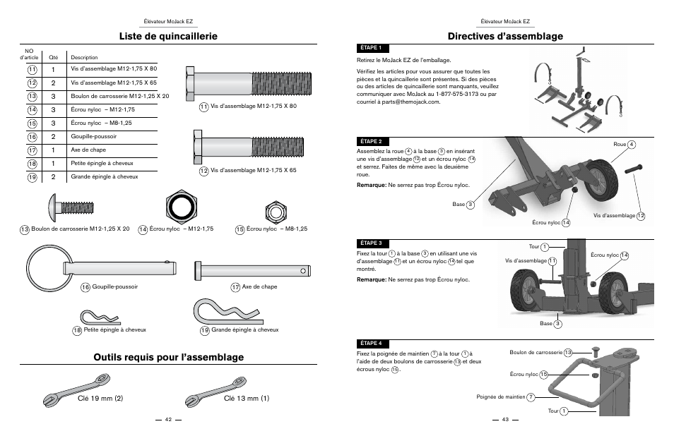 Liste de quincaillerie, Outils requis pour l’assemblage, Directives d’assemblage | MoJack EZ User Manual | Page 22 / 29