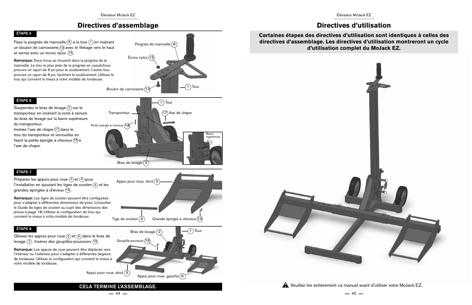 Directives d’assemblage, Directives d’utilisation, Cela termine l’assemblage | MoJack EZ User Manual | Page 23 / 29