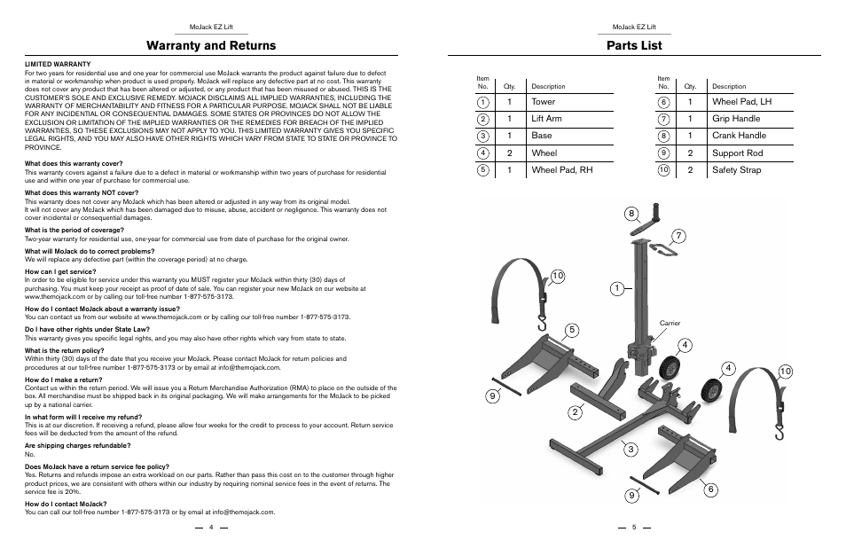 Warranty and returns, Parts list | MoJack EZ User Manual | Page 3 / 29