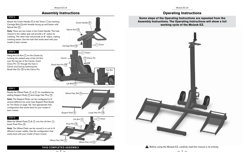 Assembly instructions, Operating instructions, This completes assembly | MoJack EZ User Manual | Page 5 / 29