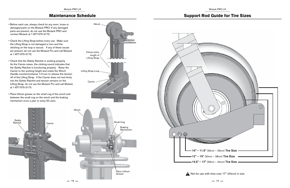 Maintenance schedule, Support rod guide for tire sizes | MoJack PRO User Manual | Page 10 / 29