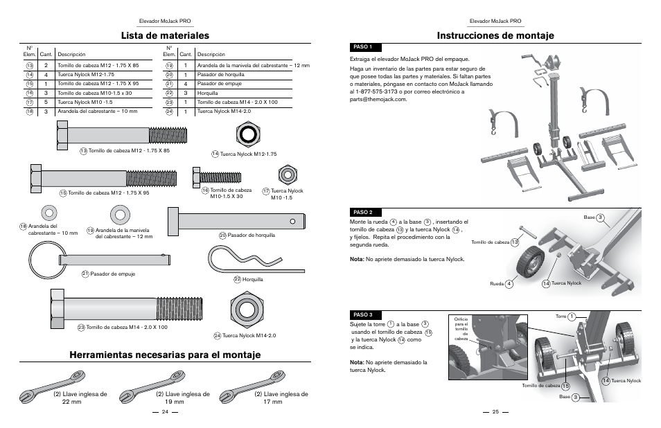 Lista de materiales, Herramientas necesarias para el montaje, Instrucciones de montaje | MoJack PRO User Manual | Page 13 / 29