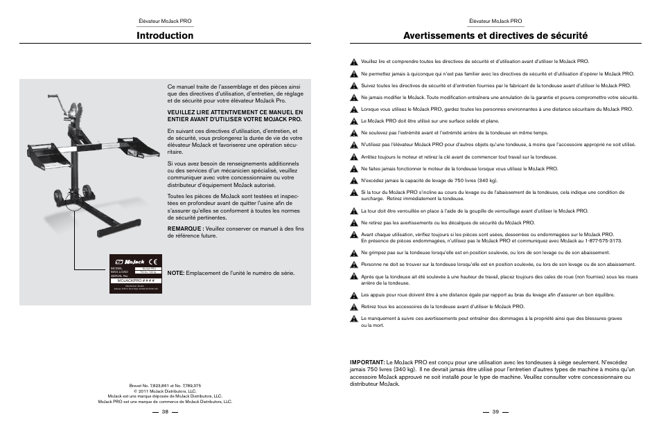 Introduction, Avertissements et directives de sécurité | MoJack PRO User Manual | Page 20 / 29