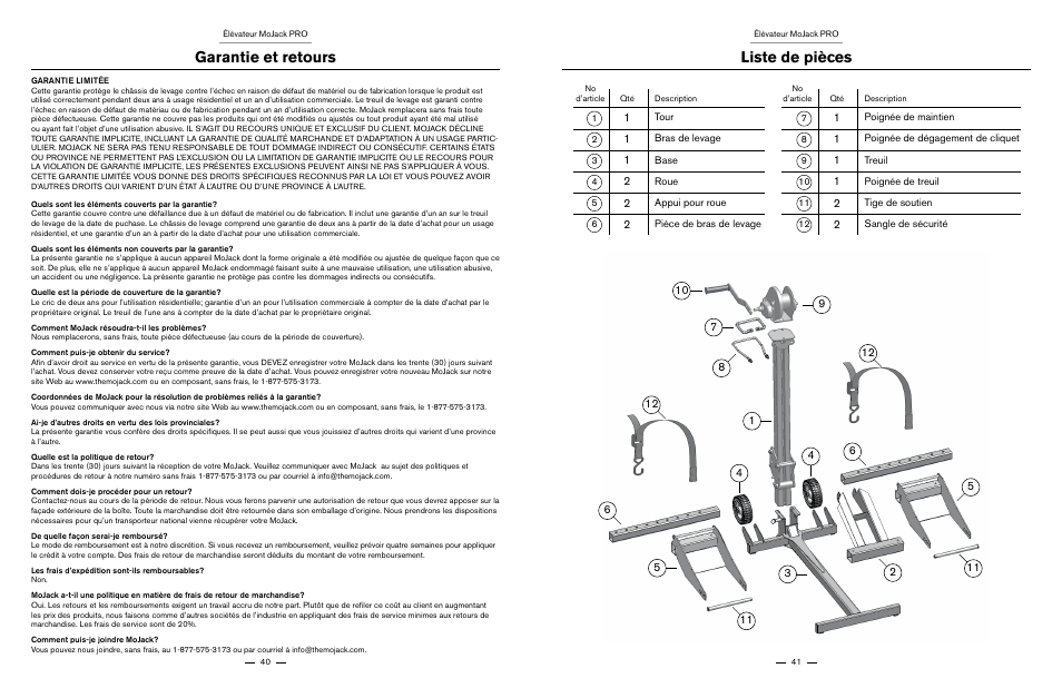 Garantie et retours liste de pièces | MoJack PRO User Manual | Page 21 / 29