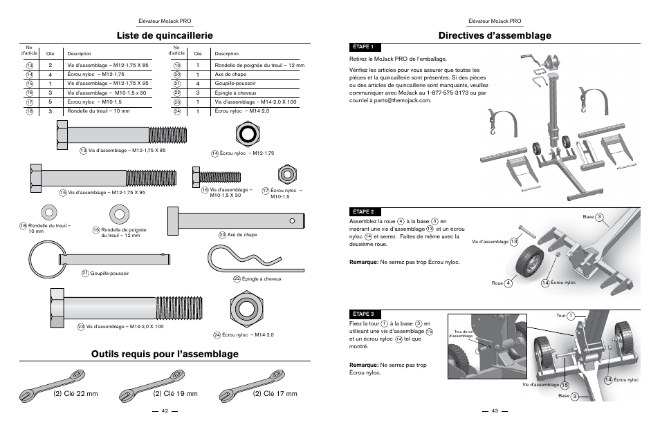 Liste de quincaillerie, Outils requis pour l’assemblage, Directives d’assemblage | MoJack PRO User Manual | Page 22 / 29