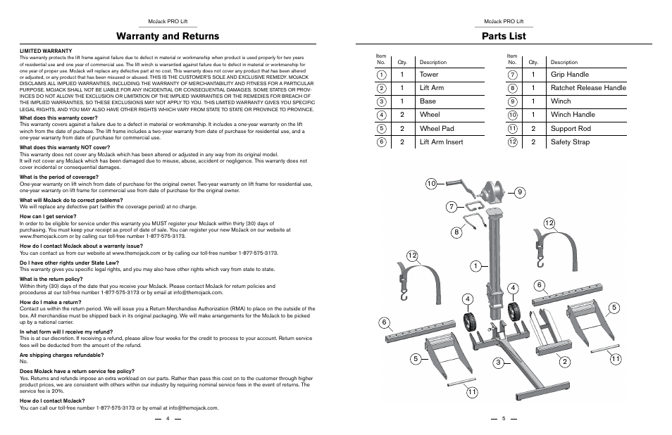 Warranty and returns parts list | MoJack PRO User Manual | Page 3 / 29