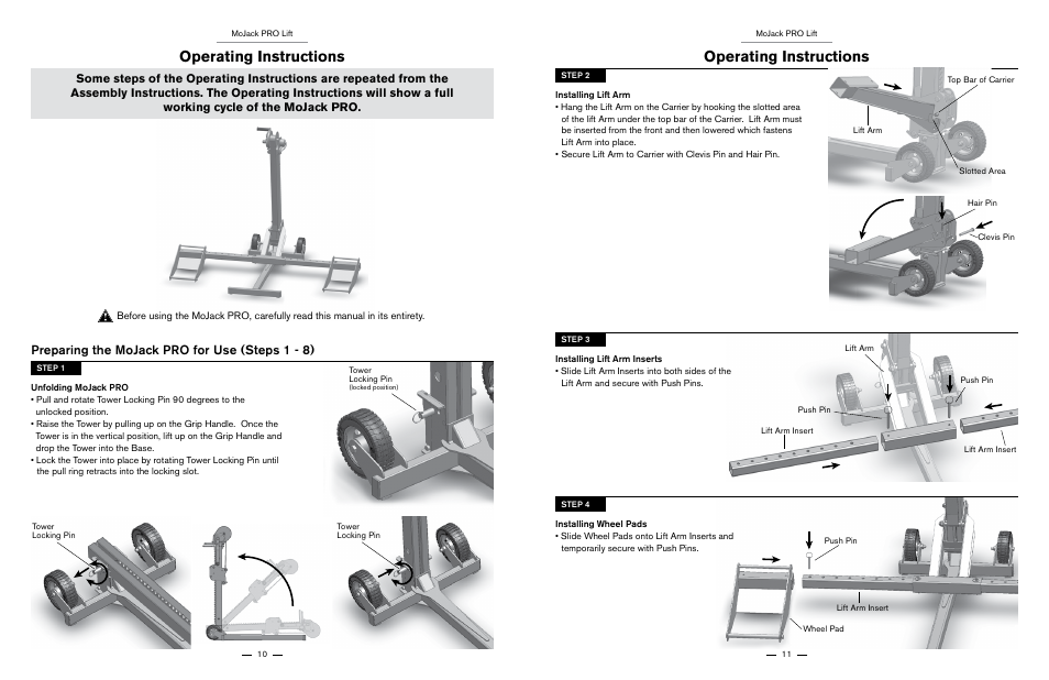 Operating instructions, Preparing the mojack pro for use (steps 1 - 8) | MoJack PRO User Manual | Page 6 / 29