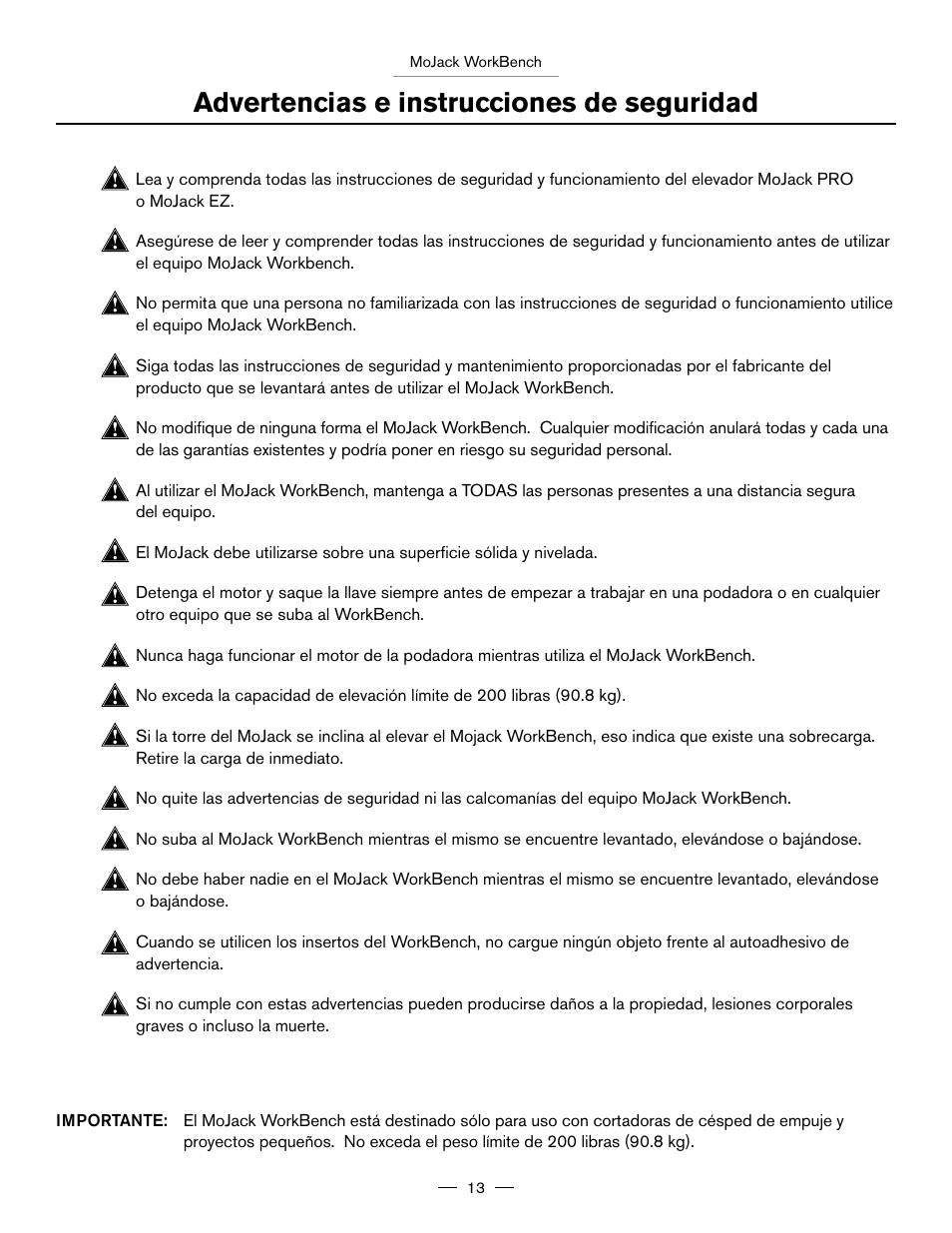 Advertencias e instrucciones de seguridad | MoJack Workbench Attachment User Manual | Page 13 / 32