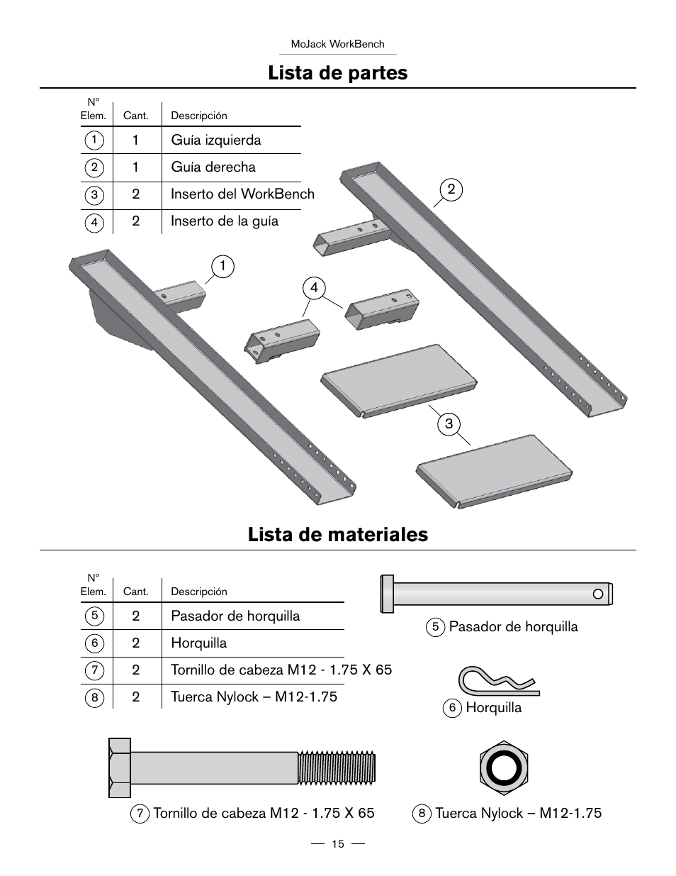 Lista de partes, Lista de materiales | MoJack Workbench Attachment User Manual | Page 15 / 32