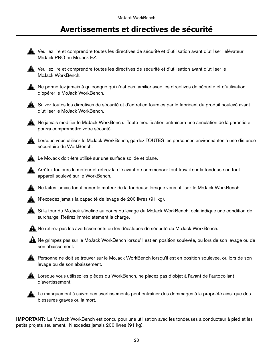 Avertissements et directives de sécurité | MoJack Workbench Attachment User Manual | Page 23 / 32