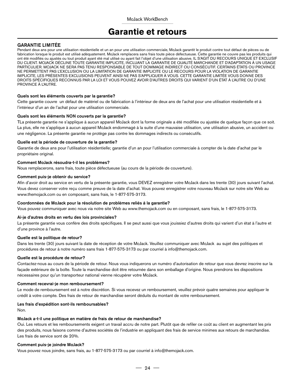 Garantie et retours | MoJack Workbench Attachment User Manual | Page 24 / 32