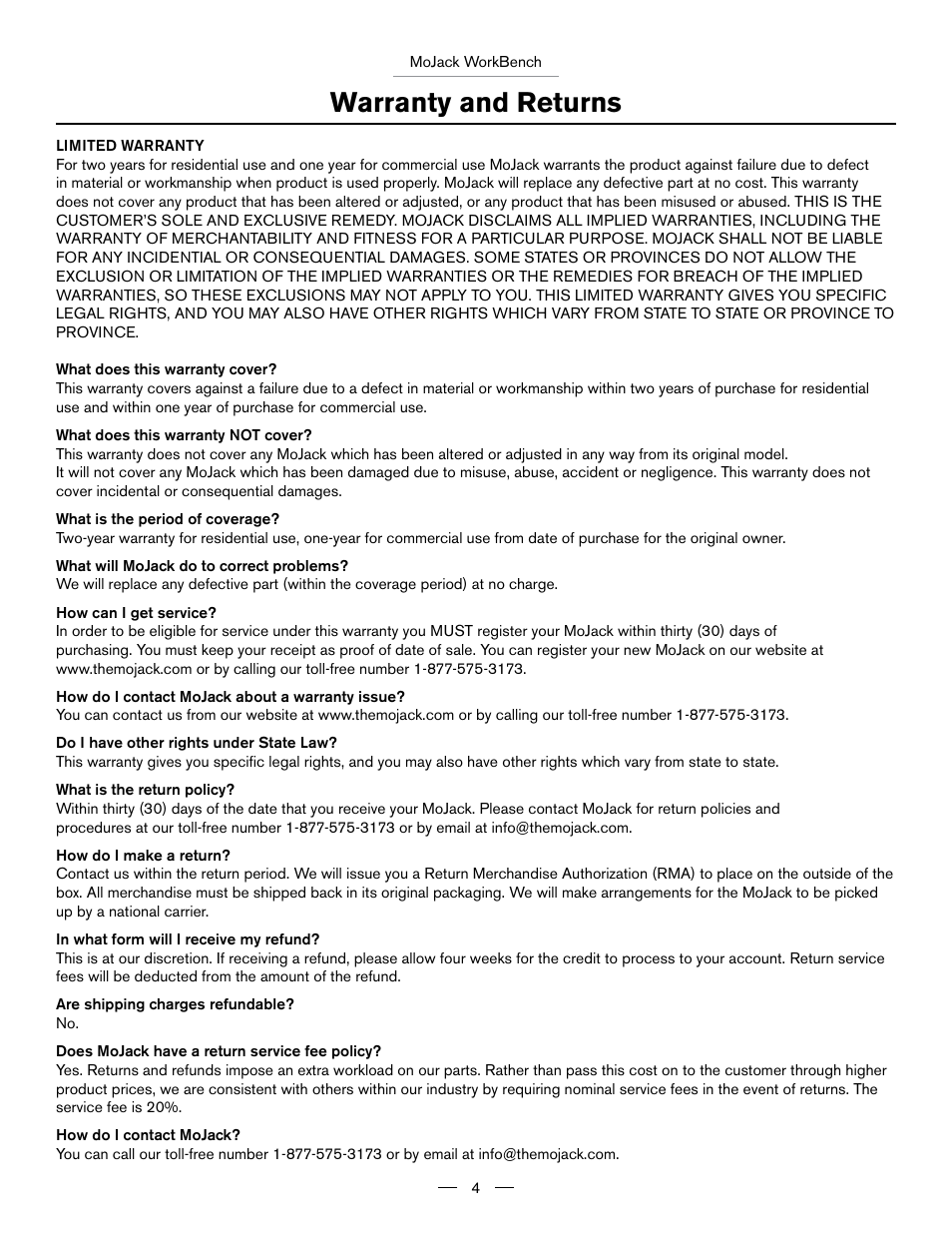 Warranty and returns | MoJack Workbench Attachment User Manual | Page 4 / 32