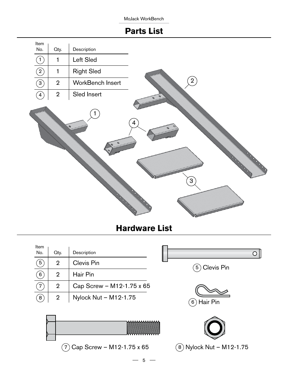 Parts list, Hardware list | MoJack Workbench Attachment User Manual | Page 5 / 32