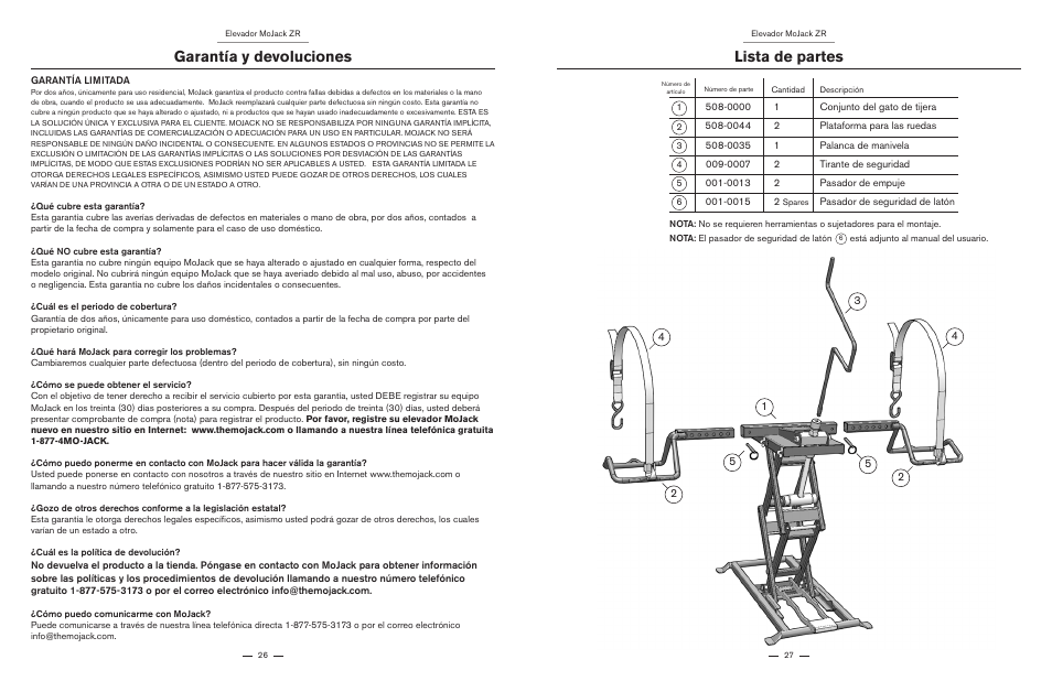 Garantía y devoluciones lista de partes | MoJack ZR User Manual | Page 14 / 19