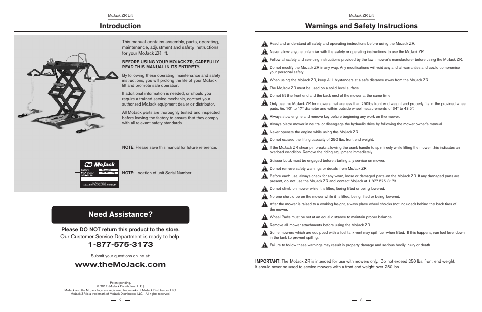 Need assistance, Introduction, Warnings and safety instructions | MoJack ZR User Manual | Page 2 / 19