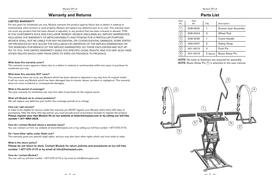 Warranty and returns parts list | MoJack ZR User Manual | Page 3 / 19