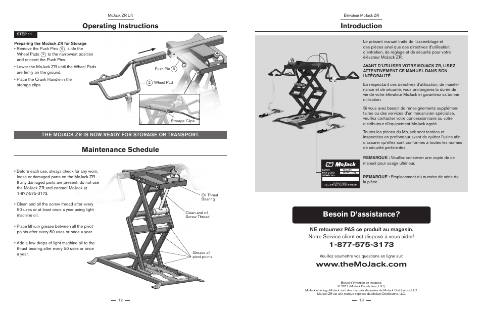 Besoin d’assistance, Operating instructions, Maintenance schedule | Introduction | MoJack ZR User Manual | Page 7 / 19