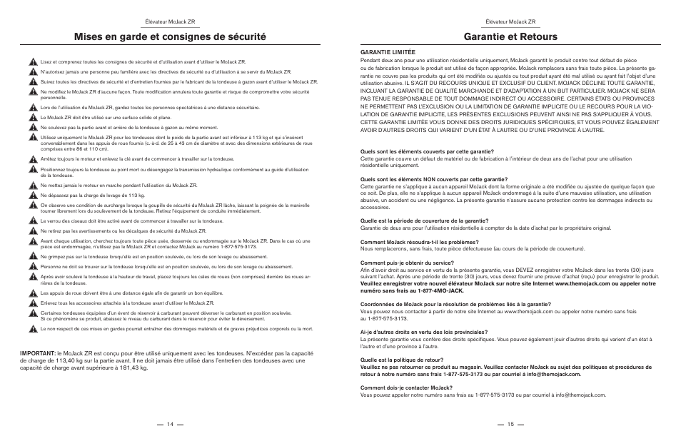 Mises en garde et consignes de sécurité, Garantie et retours | MoJack ZR User Manual | Page 8 / 19