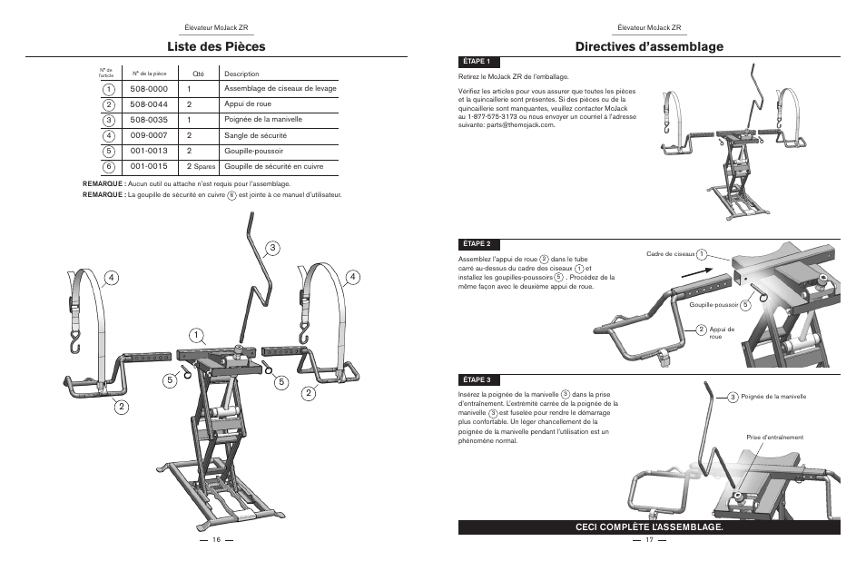 Liste des pièces, Directives d’assemblage, Ceci complète l’assemblage | MoJack ZR User Manual | Page 9 / 19