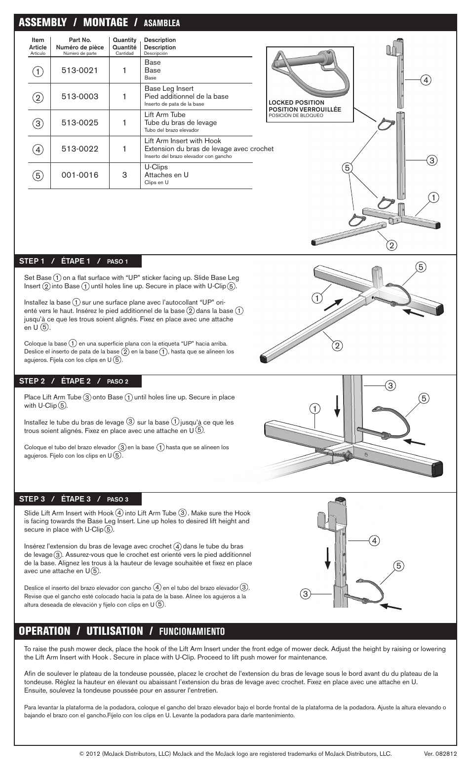 Assembly / montage, Operation / utilisation, Funcionamiento | Asamblea | MoJack Push Mower Lift User Manual | Page 2 / 2