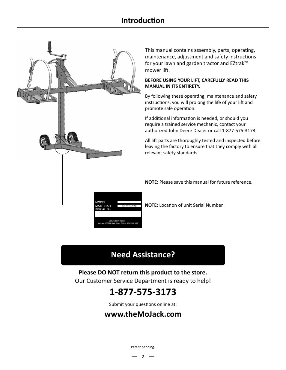 Need assistance, Introduction | MoJack John Deere XD Lift User Manual | Page 2 / 24