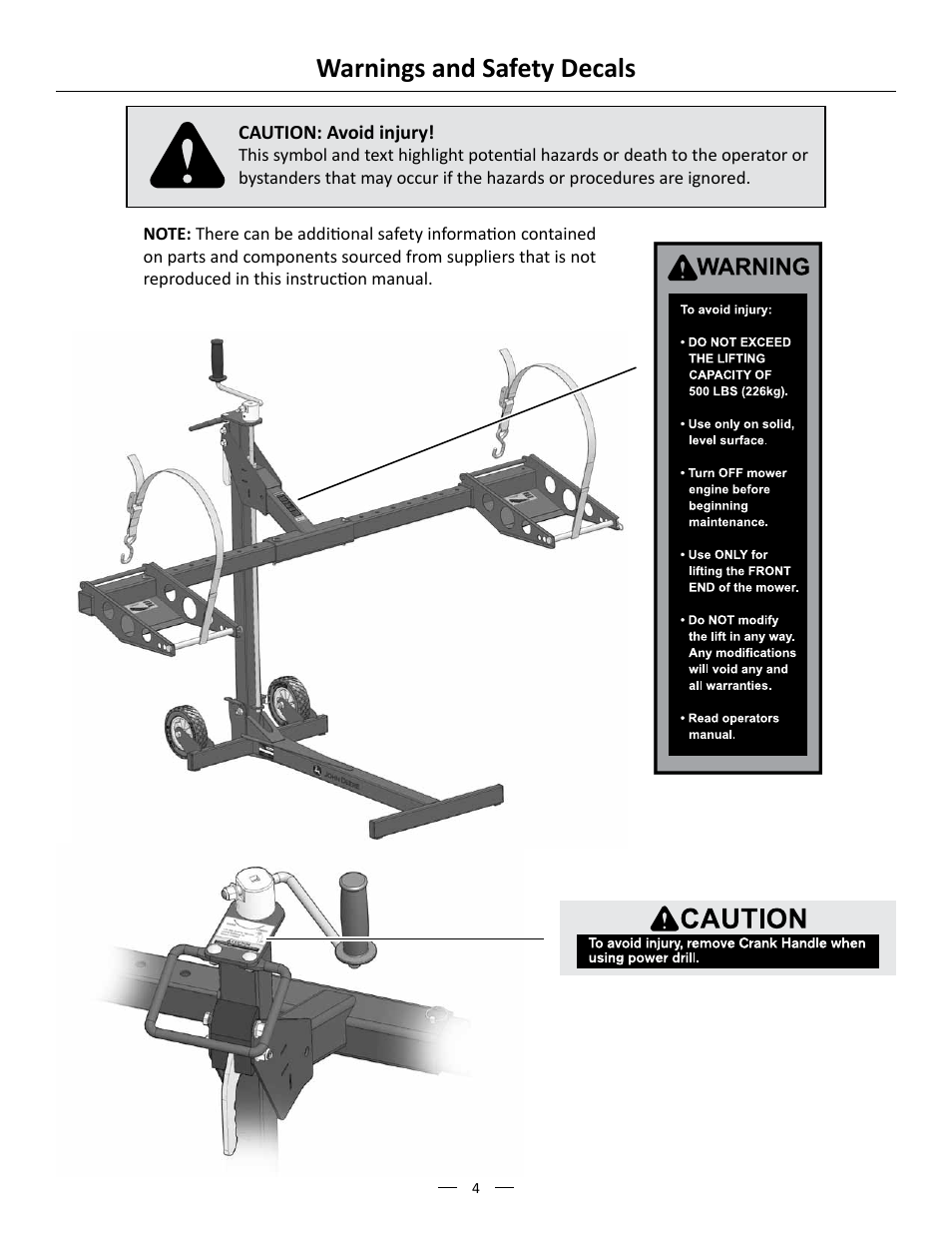 Warnings and safety decals | MoJack John Deere XD Lift User Manual | Page 4 / 24