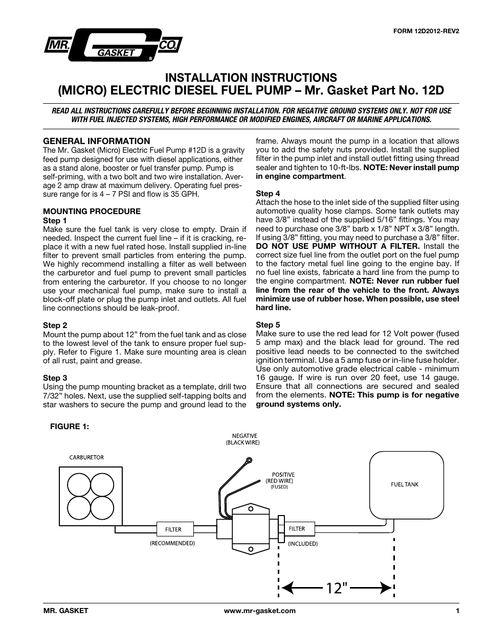 Mr. Gasket 12D Micro Electric Fuel Pump: Diesel User Manual | 4 pages