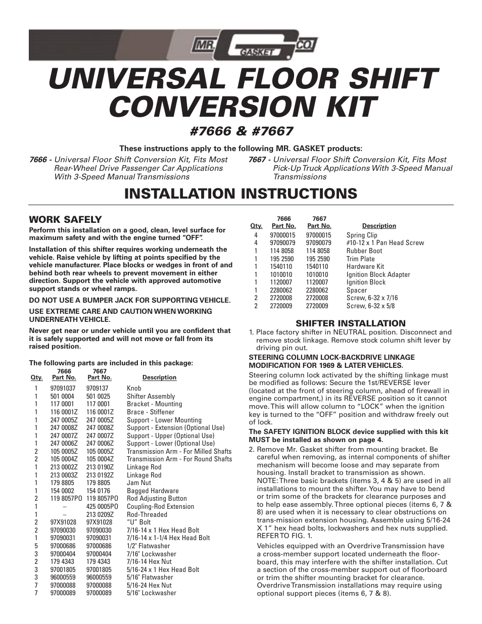 Mr. Gasket 7667 Floor Shifter Conversion: 3-Speed User Manual | 4 pages