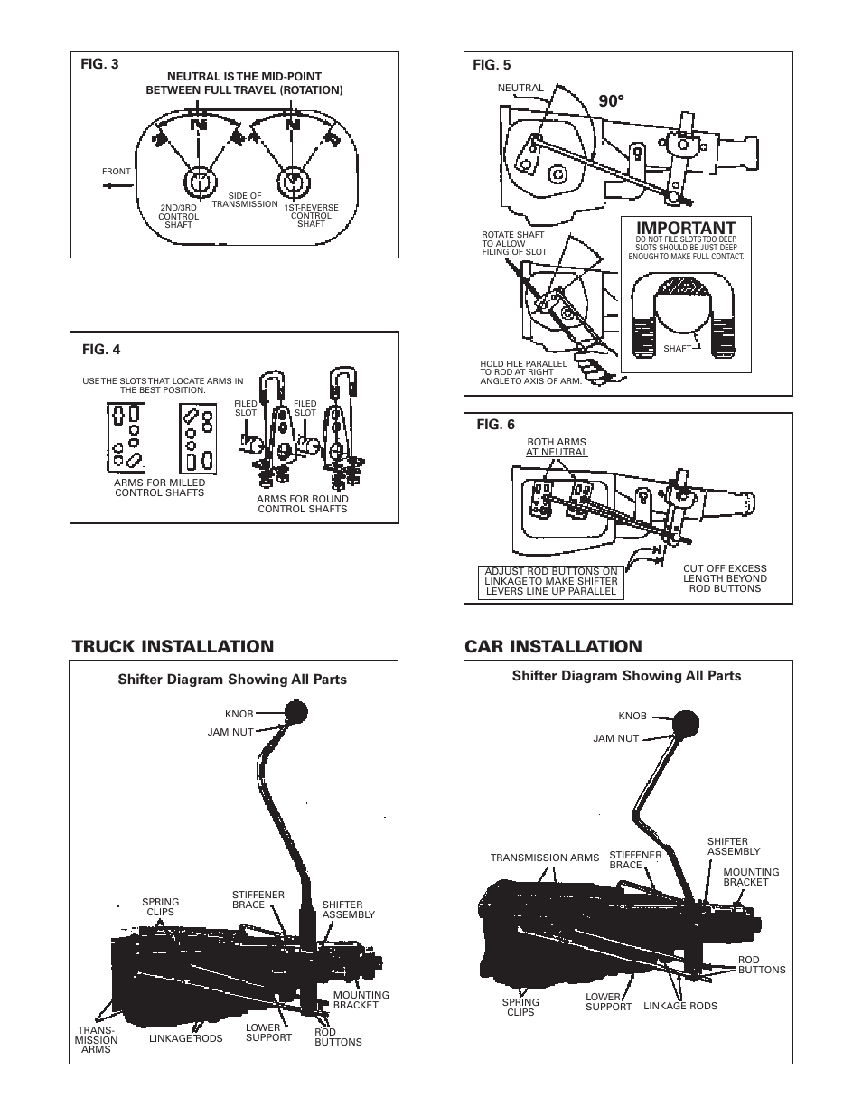 Truck installation, Important, Car installation | Fig. 4 fig. 5, Fig. 6, Shifter diagram showing all parts, Shifter diagram showing all parts fig. 3 | Mr. Gasket 7667 Floor Shifter Conversion: 3-Speed User Manual | Page 3 / 4