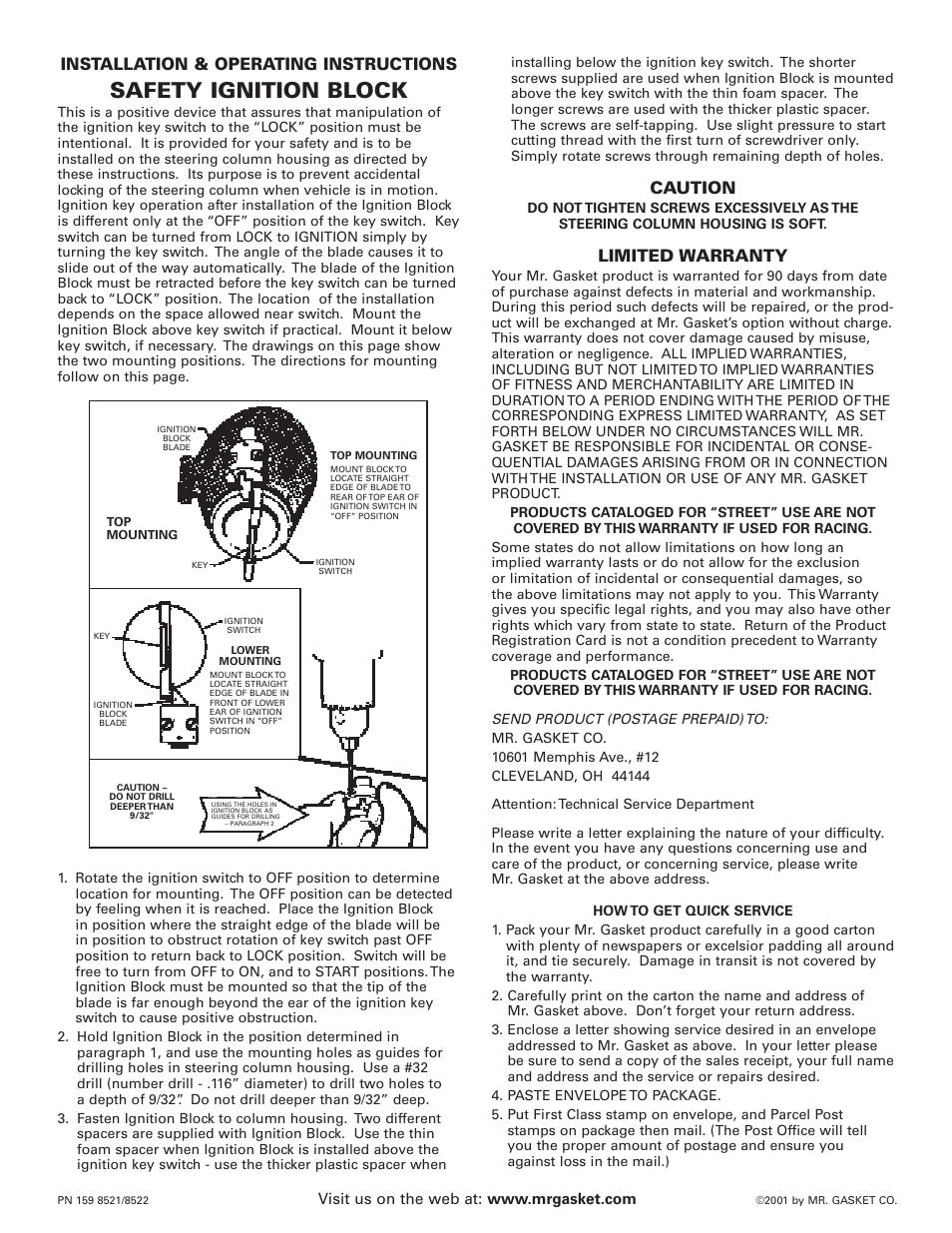 Safety ignition block, Installation & operating instructions, Caution | Limited warranty | Mr. Gasket 7667 Floor Shifter Conversion: 3-Speed User Manual | Page 4 / 4