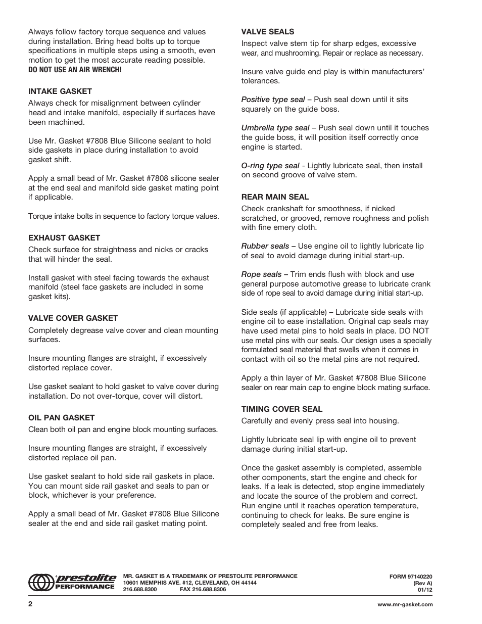 Mr. Gasket All Engine Builder Gaskets User Manual | Page 2 / 2