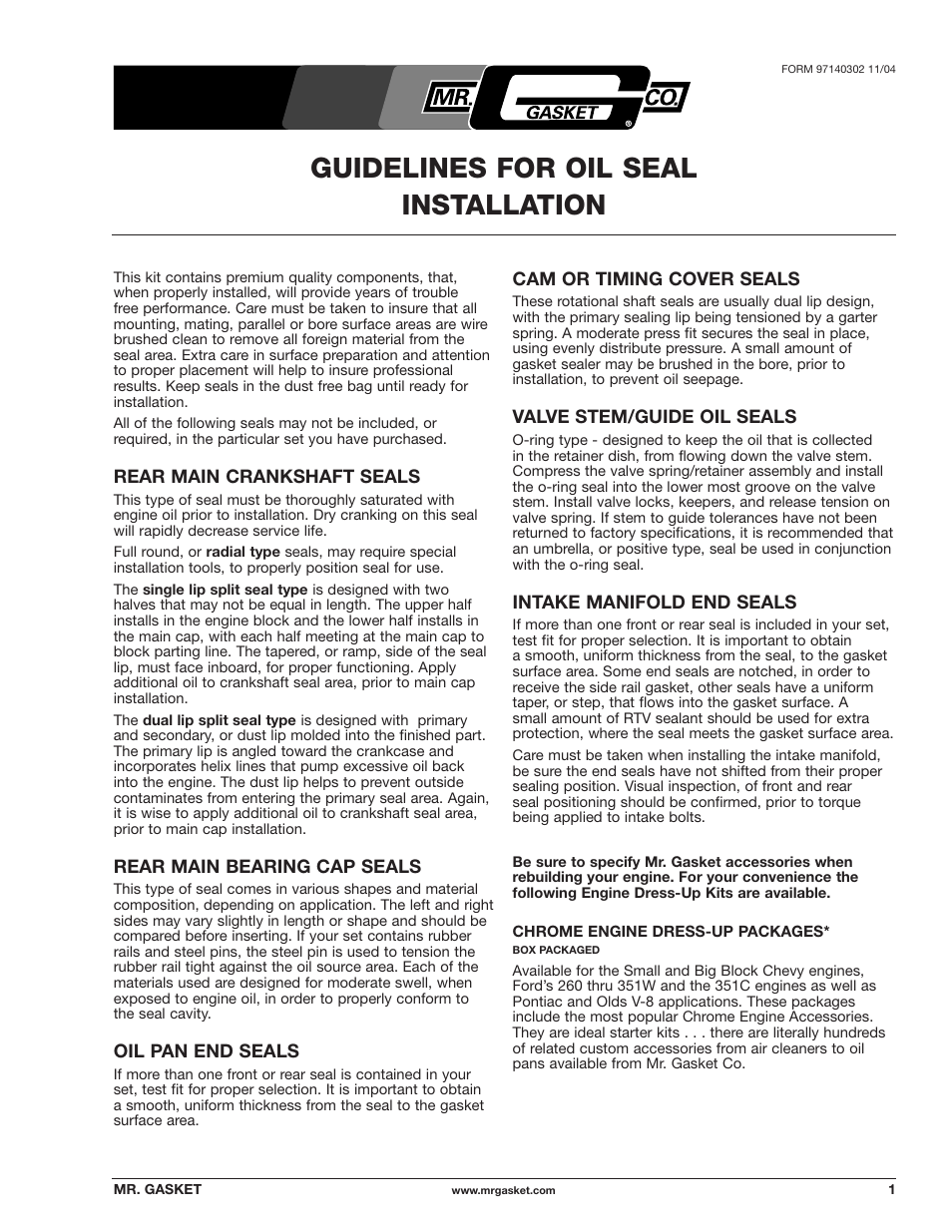 Mr. Gasket All Oil Seal Installation Guidelines User Manual | 2 pages