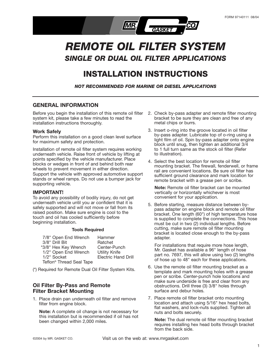 Mr. Gasket All Remote Oil Filter System: Single or Dual User Manual | 4 pages