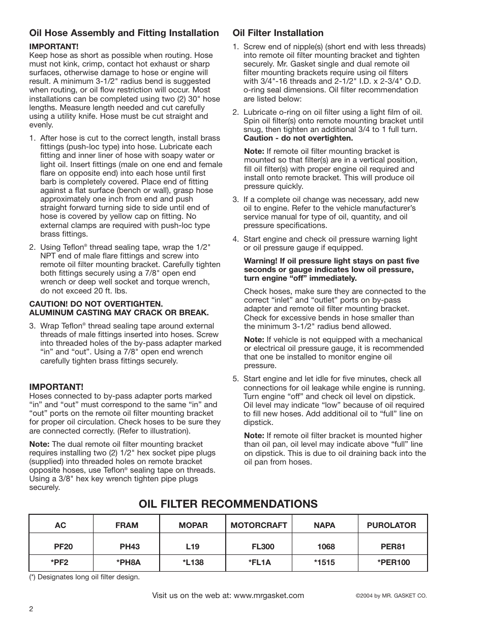 Oil filter recommendations | Mr. Gasket All Remote Oil Filter System: Single or Dual User Manual | Page 2 / 4