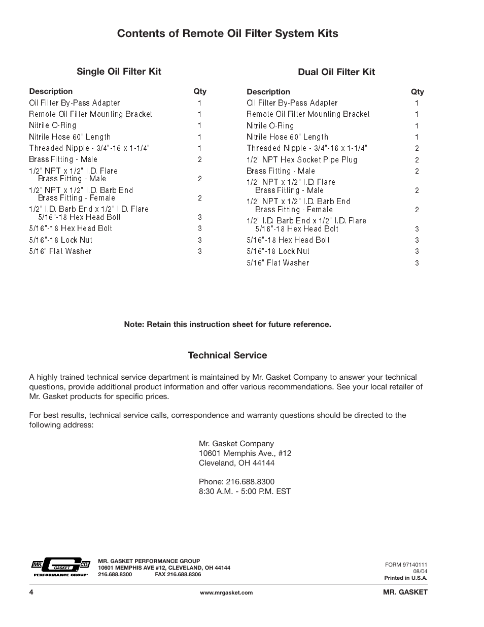 Mr. Gasket All Remote Oil Filter System: Single or Dual User Manual | Page 4 / 4