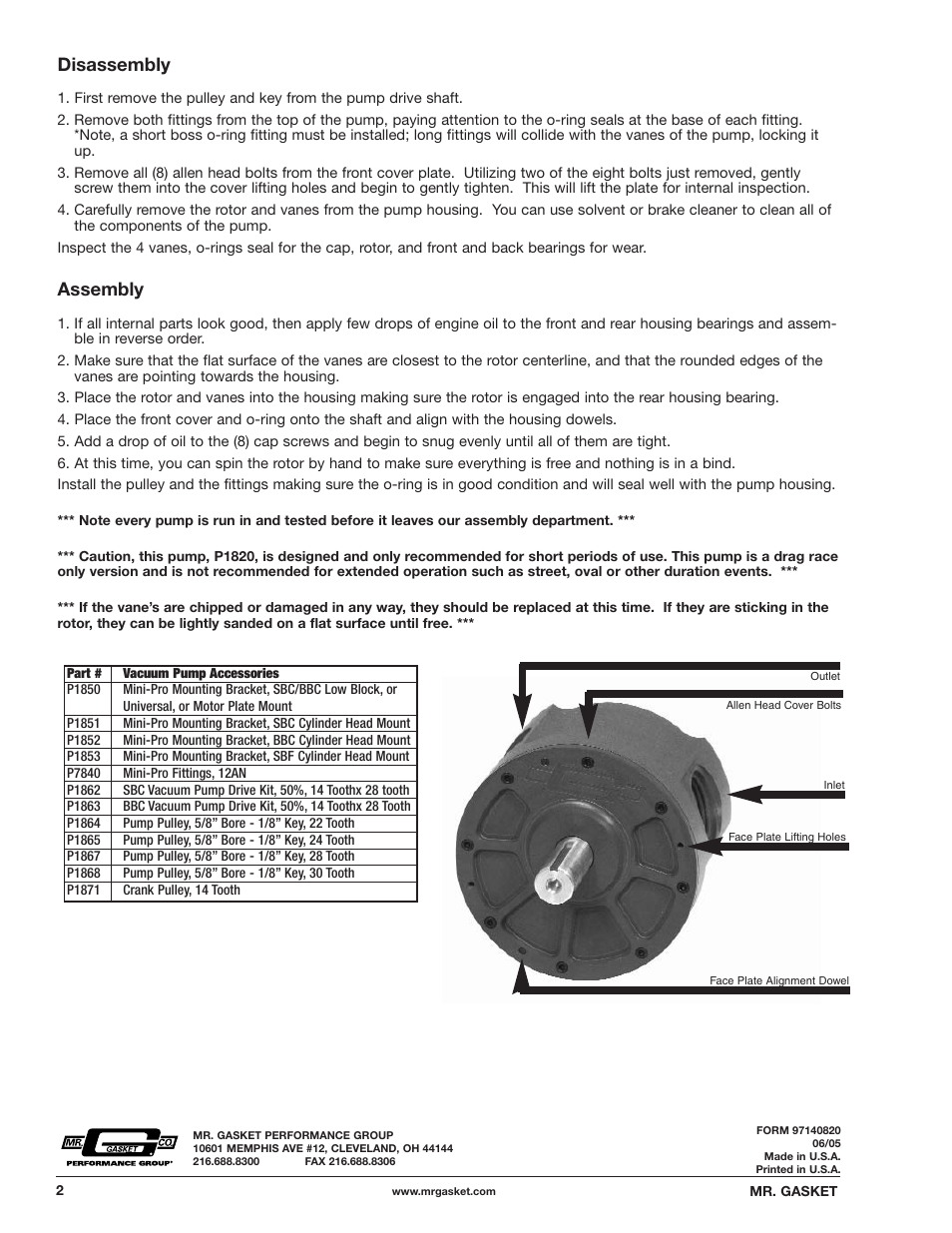 Disassembly, Assembly | Mr. Gasket P1820 Professional Vacuum Pump User Manual | Page 2 / 2