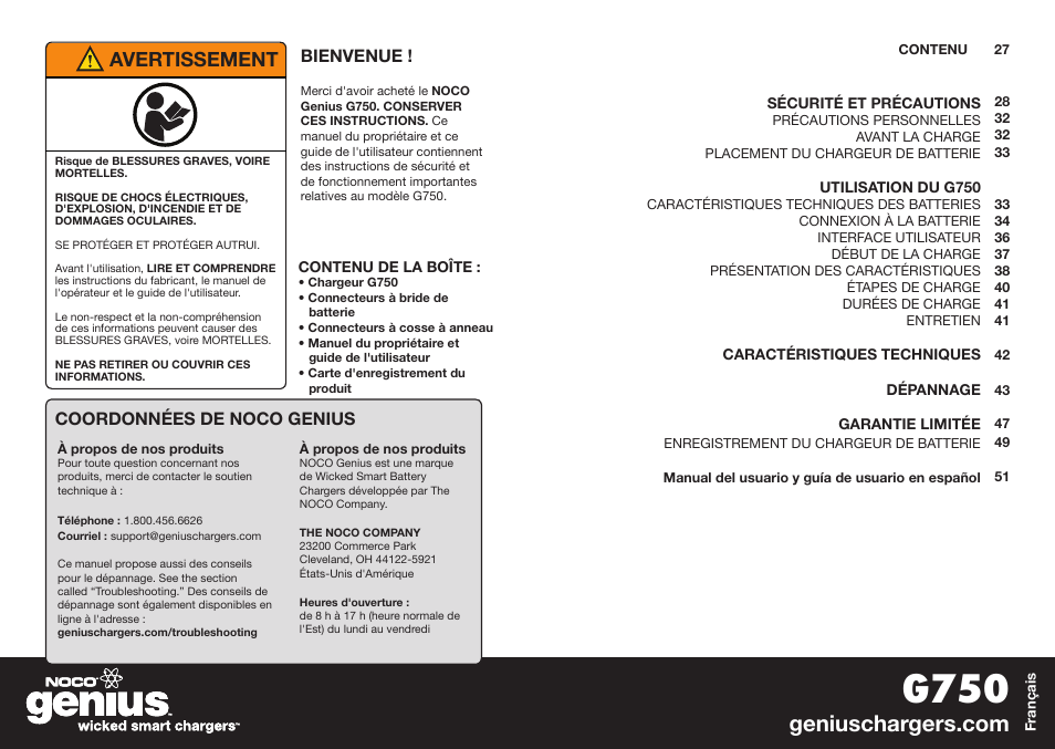 G750, Avertissement | NOCO Genius G750 User Manual | Page 15 / 40