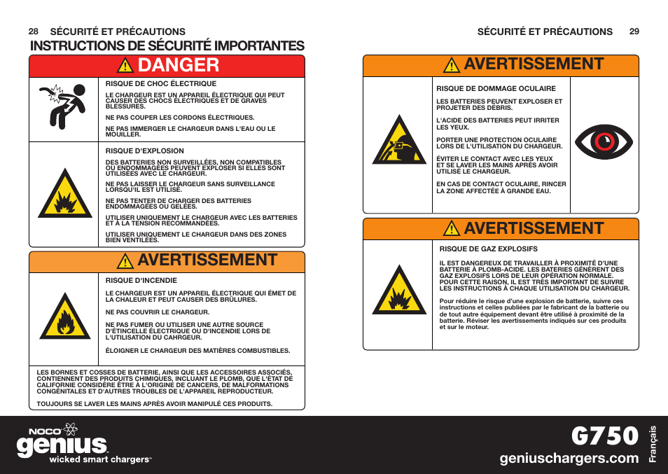 G750, Danger, Avertissement | Instructions de sécurité importantes | NOCO Genius G750 User Manual | Page 16 / 40