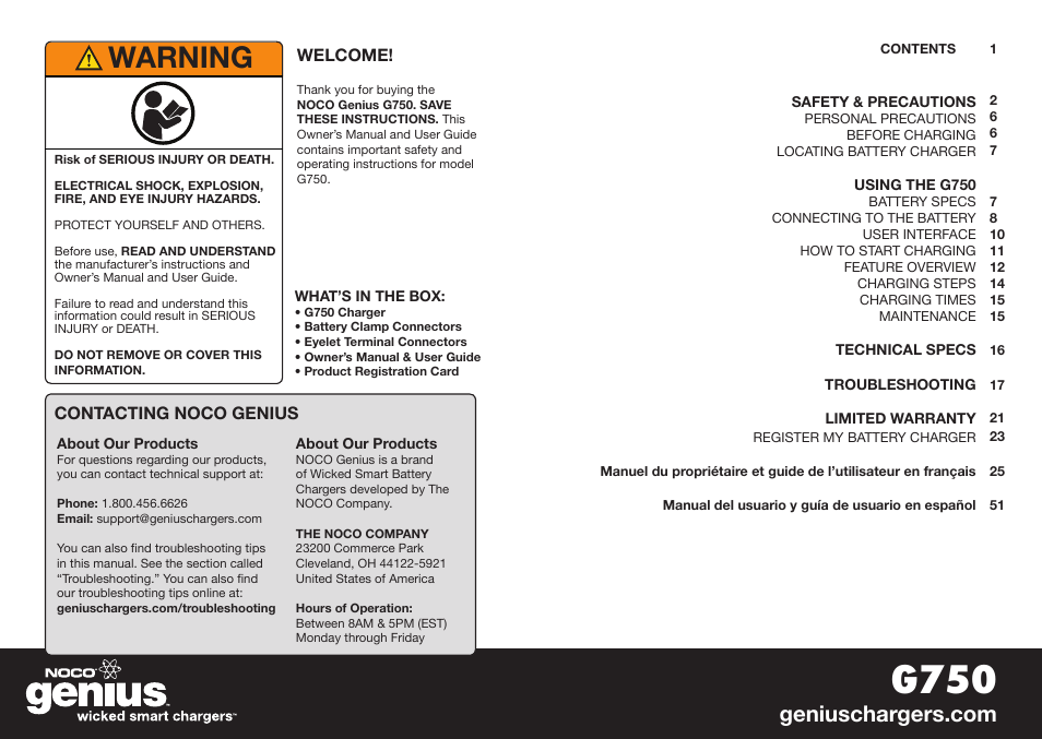 G750, Warning | NOCO Genius G750 User Manual | Page 2 / 40