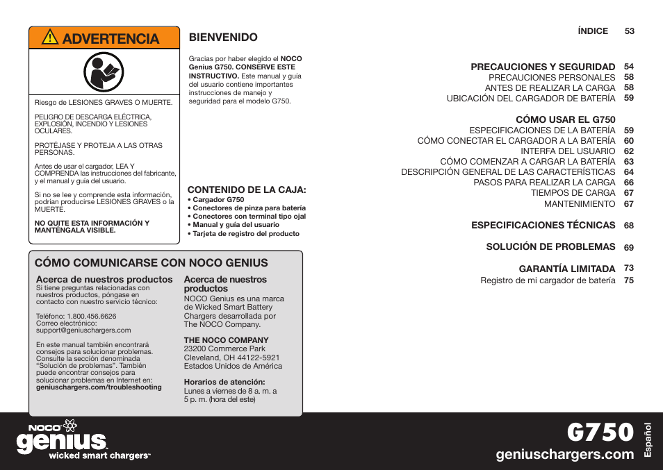 G750, Advertencia | NOCO Genius G750 User Manual | Page 28 / 40
