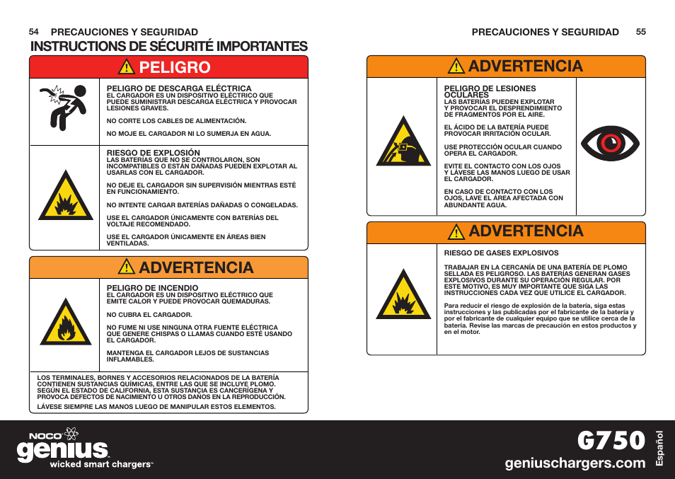 G750, Peligro advertencia, Advertencia | Instructions de sécurité importantes | NOCO Genius G750 User Manual | Page 29 / 40