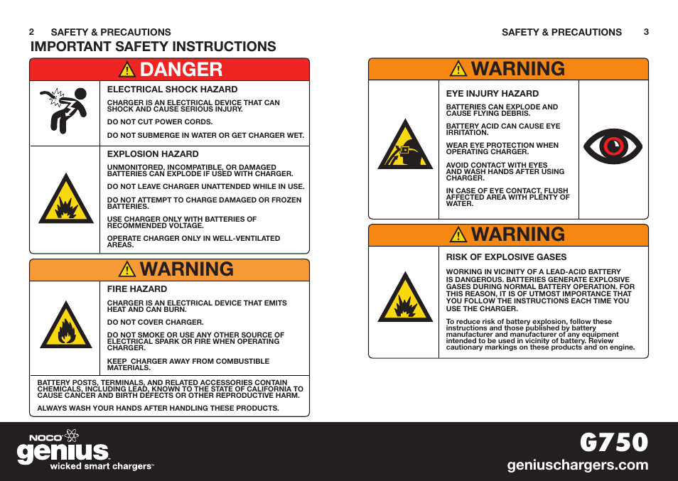 G750, Danger warning warning warning, Important safety instructions | NOCO Genius G750 User Manual | Page 3 / 40