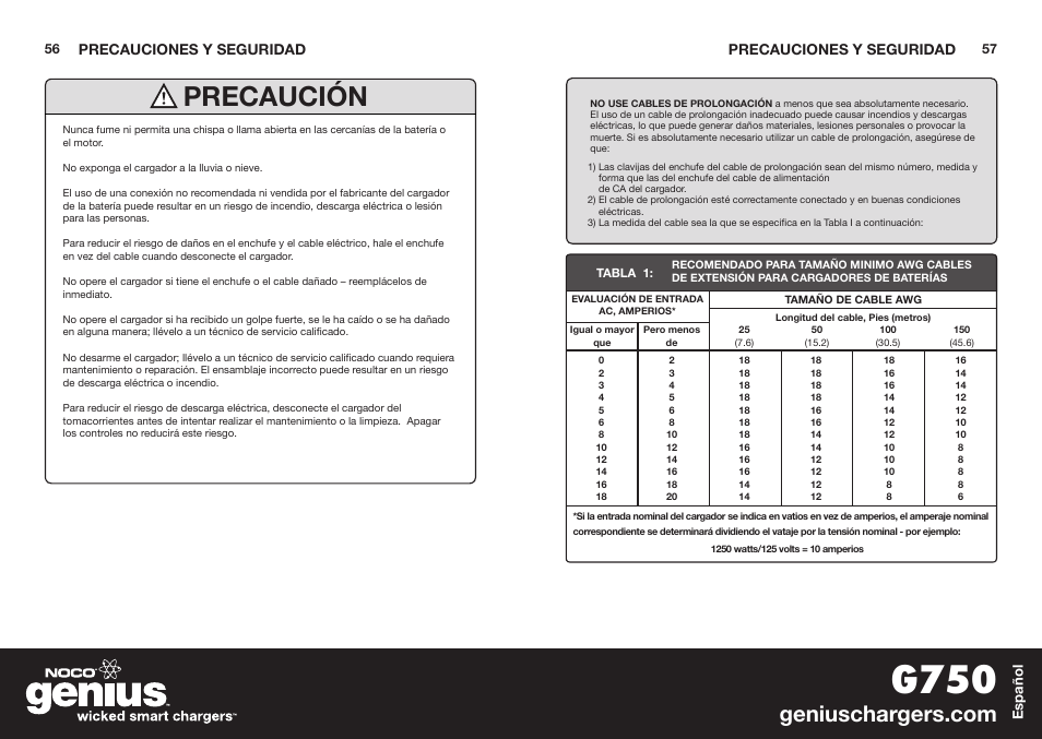 G750, Precaución | NOCO Genius G750 User Manual | Page 30 / 40