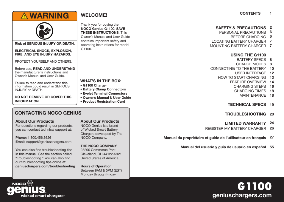G1100, Warning | NOCO Genius G1100 User Manual | Page 2 / 44