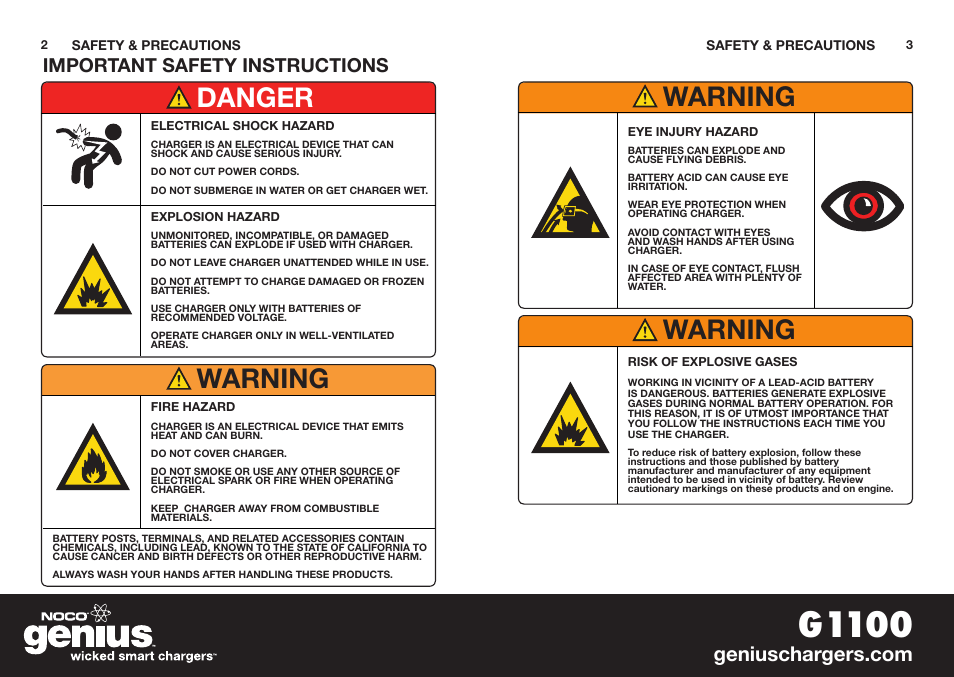 G1100, Danger warning warning warning, Important safety instructions | NOCO Genius G1100 User Manual | Page 3 / 44