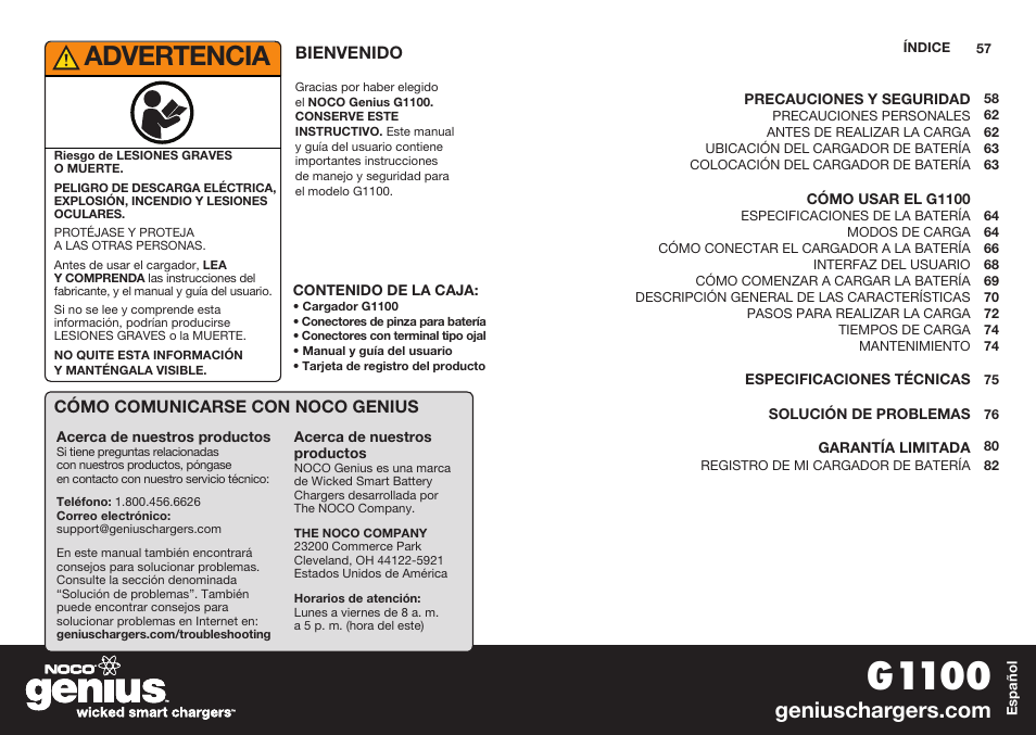 G1100, Advertencia | NOCO Genius G1100 User Manual | Page 30 / 44