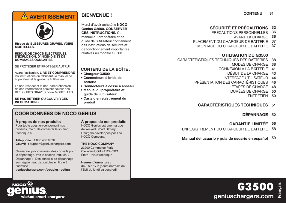 G3500, Avertissement | NOCO Genius G3500 User Manual | Page 17 / 47