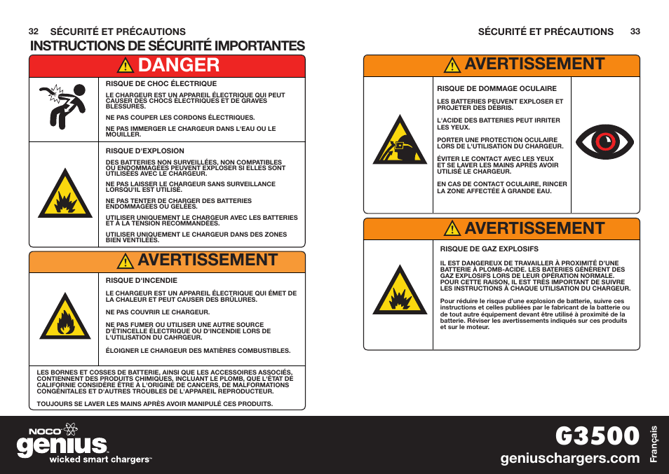 G3500, Danger, Avertissement | Instructions de sécurité importantes | NOCO Genius G3500 User Manual | Page 18 / 47