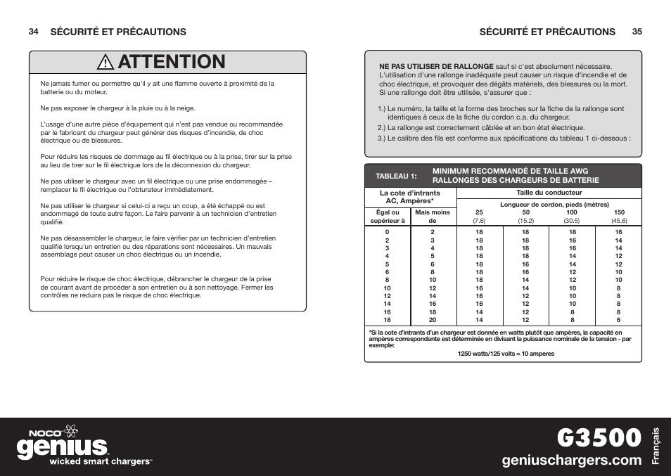 G3500, Attention | NOCO Genius G3500 User Manual | Page 19 / 47