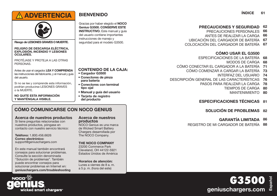 G3500, Advertencia | NOCO Genius G3500 User Manual | Page 32 / 47